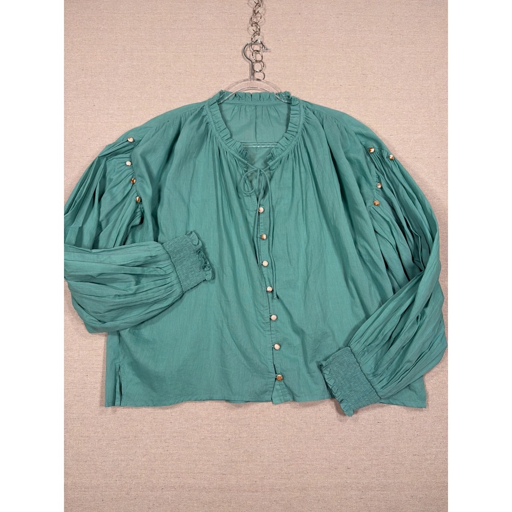 Cleobella Teal Green Pleated Balloon Sleeve Button Down Boho Blouse NWOT